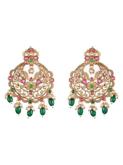 20K Gold Plated Red Stones Studded & Beaded Temple Chandbali Earrings