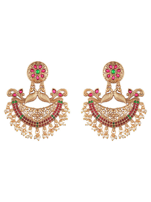 Gold Plated Crescent Shaped Peacock Chandbali Earrings