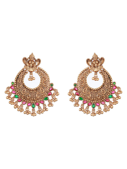 22K Gold Plated Red Kempo Lakshmiji Temple Chandbali Earrings