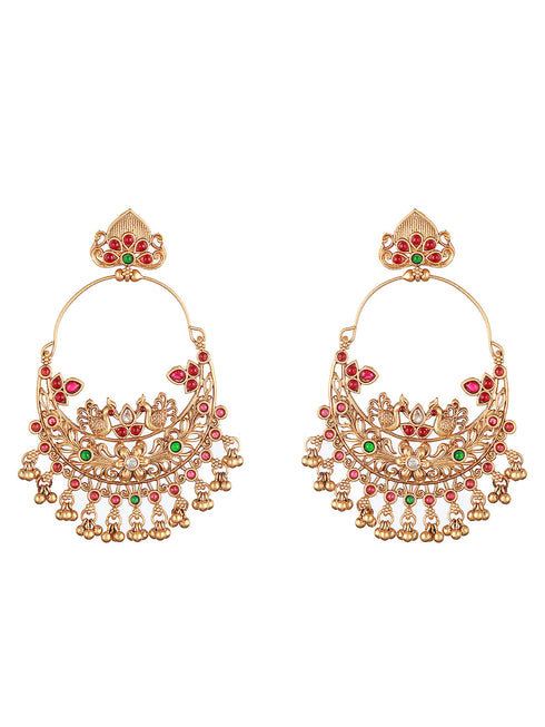 22K Gold Plated Red Stone Studded peacock Temple Chandbali Earrings