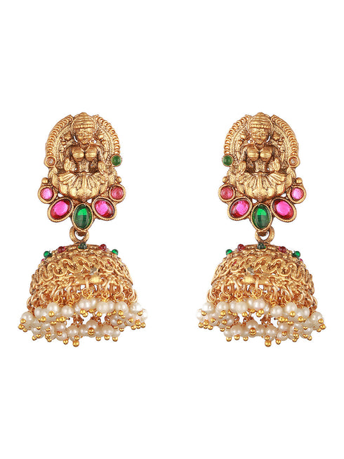 22K Gold-Plated Stone-Studded & Beaded Temple Lakshmiji Coin Bridal Jewellery Set