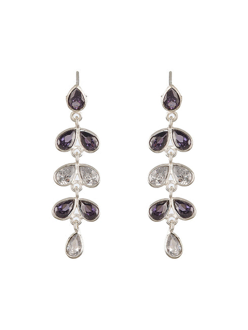 Silver Toned Amethyst Purple Minimal Necklace With Floral earrings Jewellery Set