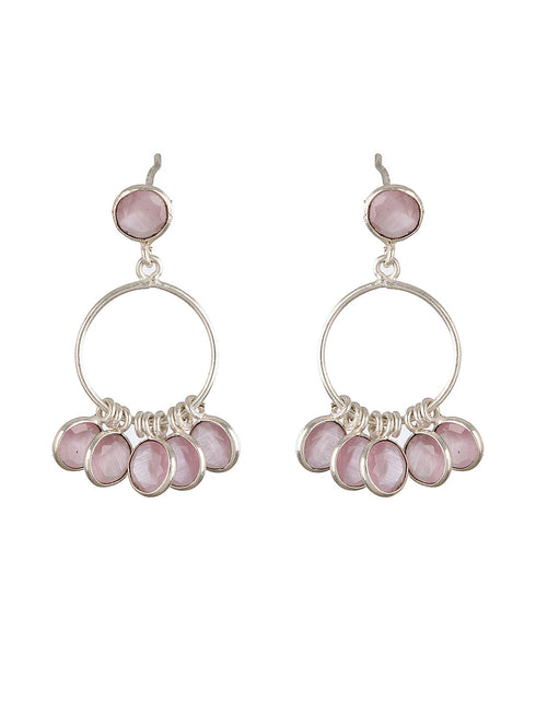 Silver Toned Pink AD Studded Minimal Necklace Chandbali Jewellery Set