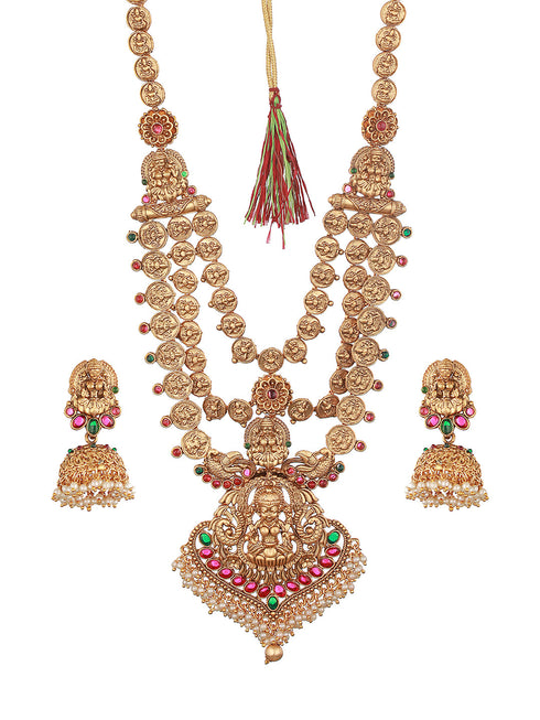 22K Gold-Plated Stone-Studded & Beaded Temple Lakshmiji Coin Bridal Jewellery Set