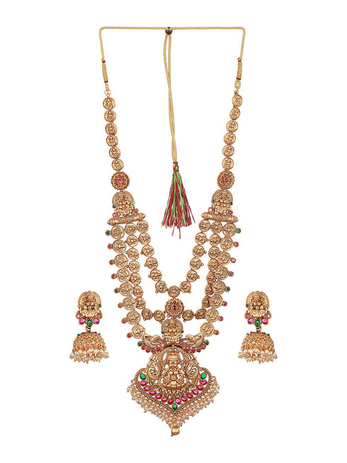 22K Gold-Plated Stone-Studded & Beaded Temple Lakshmiji Coin Bridal Jewellery Set
