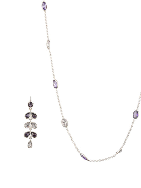 Silver Toned Amethyst Purple Minimal Necklace With Floral earrings Jewellery Set