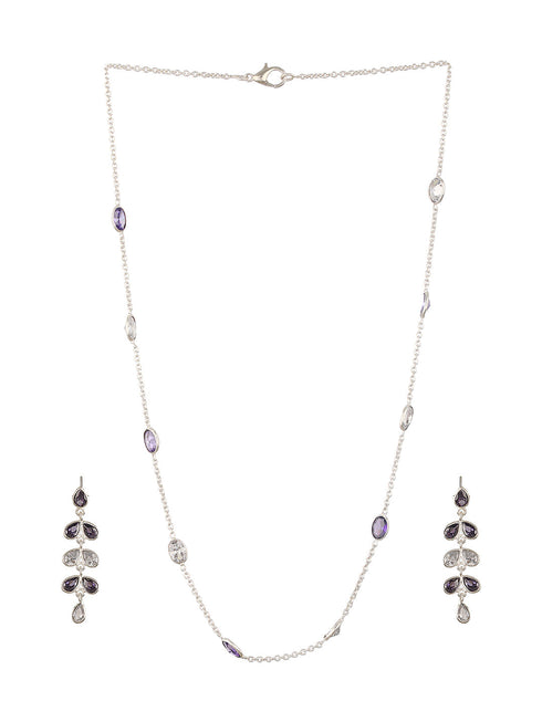 Silver Toned Amethyst Purple Minimal Necklace With Floral earrings Jewellery Set