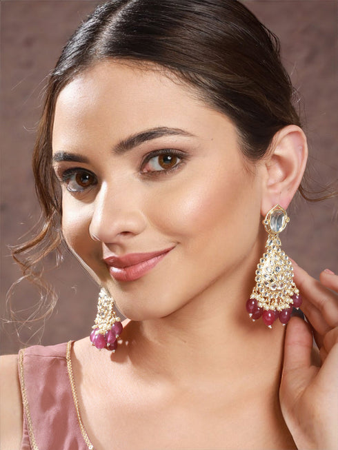 Gold Toned Kundan Studded Pink Pearl Beaded Chandbali Earring