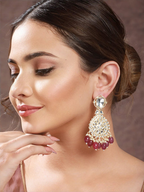 Gold Toned Kundan Studded Pink Pearl Beaded Chandbali Earring