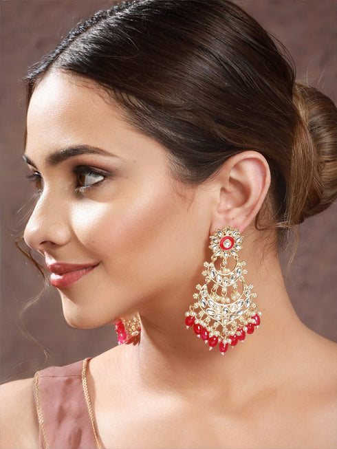 Gold Toned Kundan Studded Pink Dropdown Chandelier Earrings