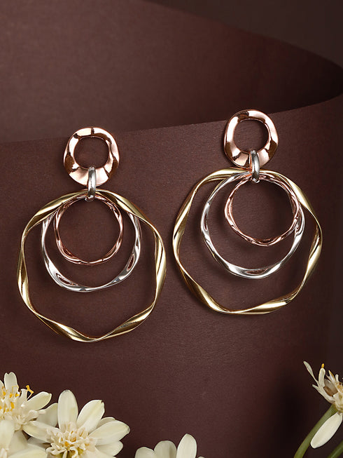 Anti-Tarnish 3 Tone Concentric Handmade Dangler Hoop Earrings