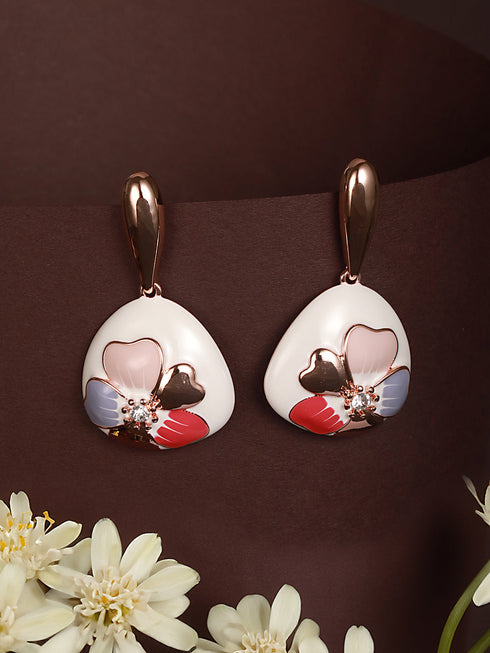 Anti-Tarnish 18k Gold Plated Off White Enamelled Floral Statement Dangler Earrings