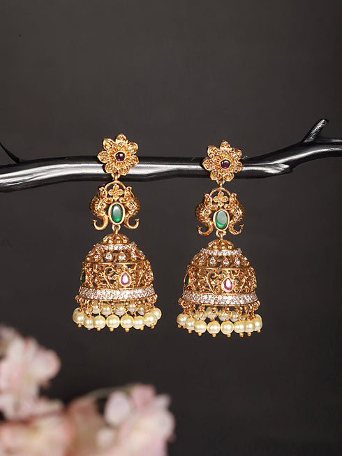 Antique Gold Polish Zircon Studded Pearl Beaded Floral Dangling Earring