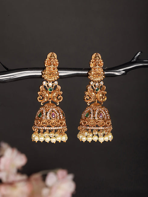 Gold Matt Polish Zircon Studded Lakshmiji Motif Designer Danggling Earring
