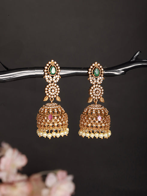 Gold Plated Green Zircon Studded Pearl Beaded Dangler Earrings