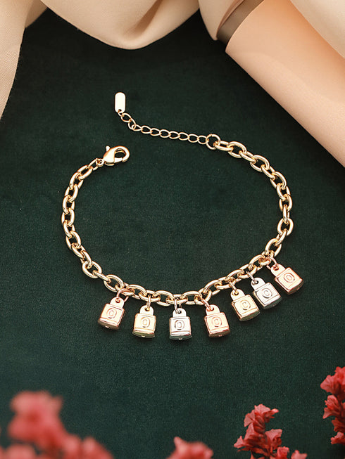Anti-Tarnish Gold Plated Engraved Lock Charms Allover Wraparound Bracelet