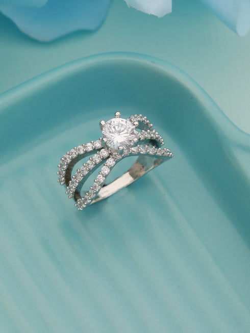 Silver Toned AD Studded Engagement Band Finger Rings