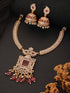 Gold Plated Red Zircon & Pearl Beaded Floral Pipe Pendant Jewellery Set With Jhumka