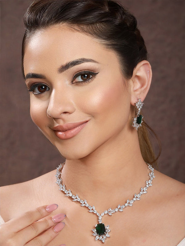 Silver Plated Green AD Studded Floral Necklace