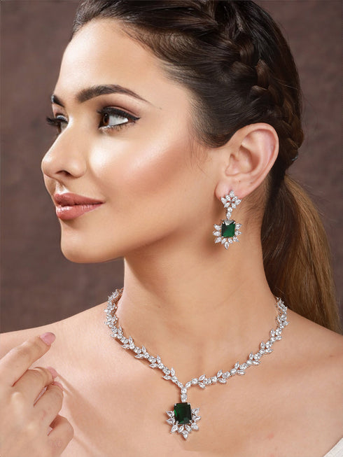 Silver Plated Green AD Studded Floral Necklace