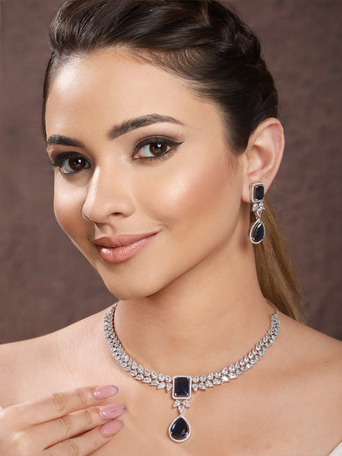 Silver Plated Blue Zircon Minimal Necklace Jewellery Set
