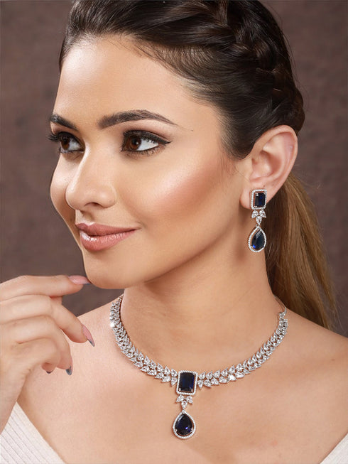 Silver Plated Blue Zircon Minimal Necklace Jewellery Set