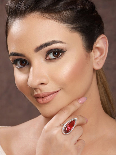 Silver Toned Red Ruby CZ Minimal Luxe Finger Ring