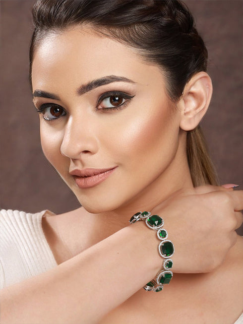 Rhodium Plated Green CZ Studded Wraparound Tennis Bracelet