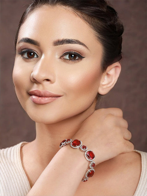 Rhodium Plated Red Zircon Studded tennis Wraparound Bracelet