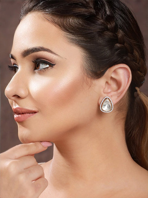 Silver Polish Kundan &CZ Studded Studds Earrings