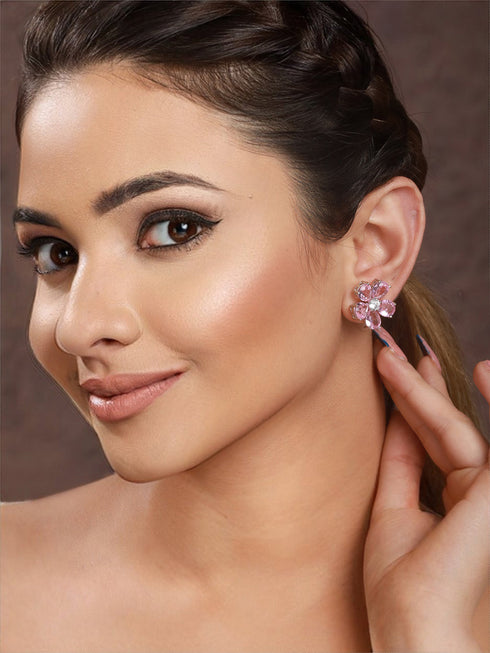 Pink Zircon Floral Minimal Studds Earrings
