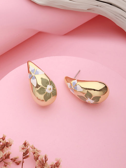 Anti-Tarnish Gold Plated & Enamelled Floral Tear Shaped Studds Earrings