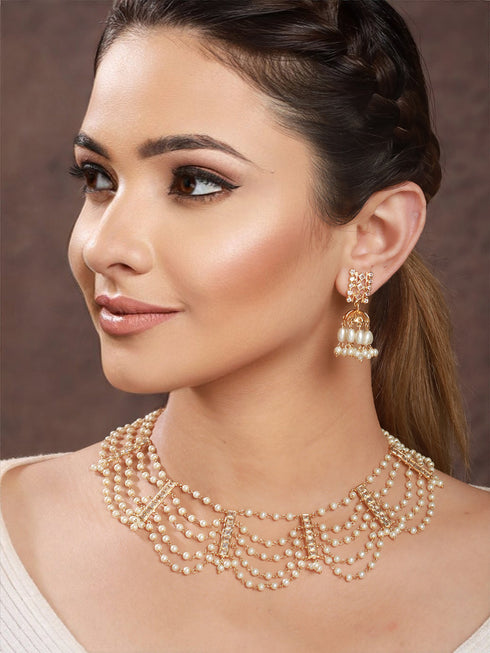 Gold Toned Pearl Beaded Minimal Choker Jewellery Set