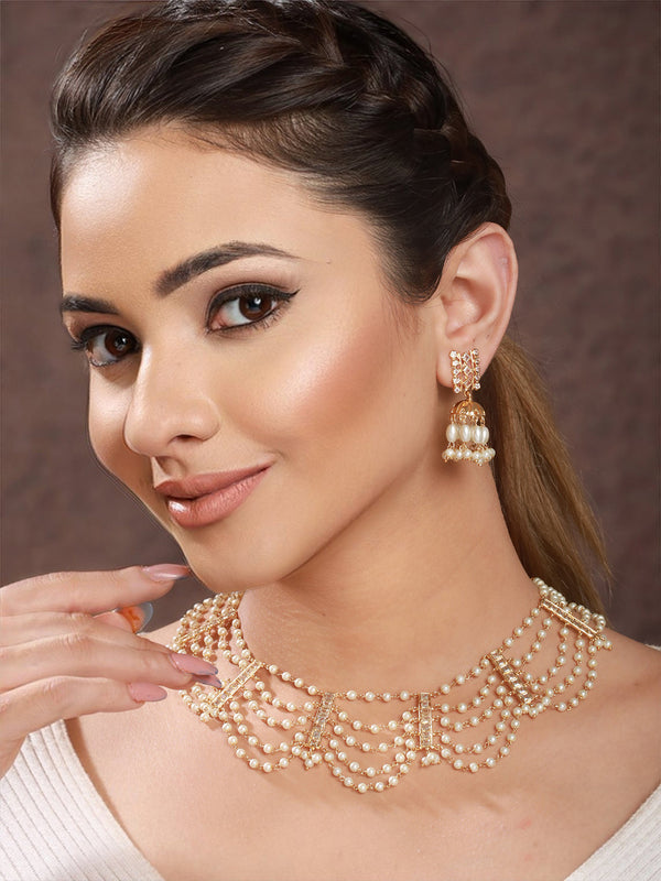 Gold Toned Pearl Beaded Minimal Choker Jewellery Set