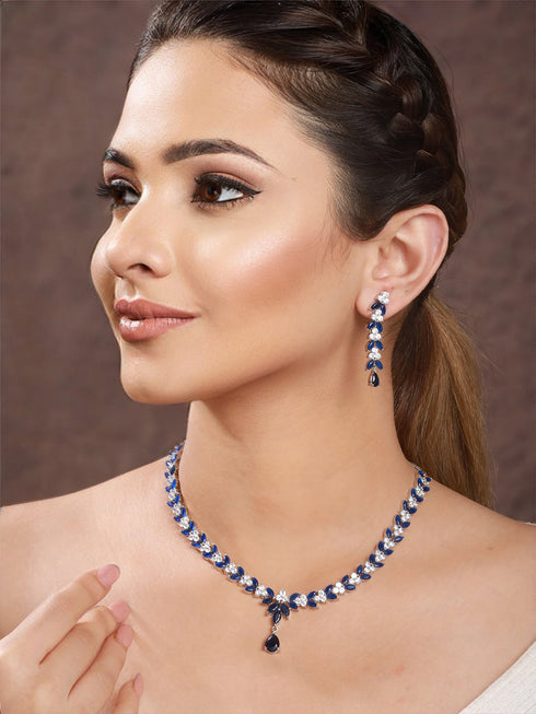 Silver Toned Blue AD Studded Necklace Set