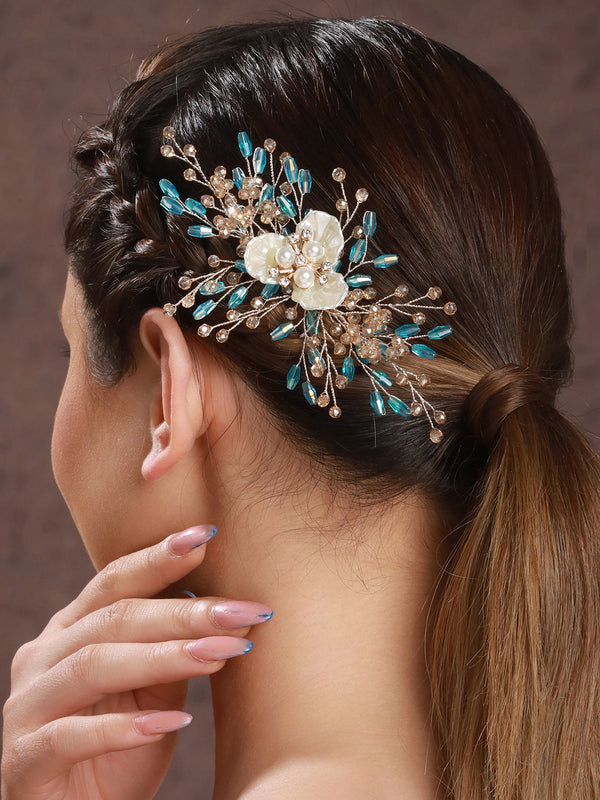 Gold Toned Mother Of Pearl Embellished Blue Hair Comb Pin