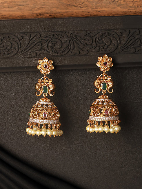 Antique Gold Polish Zircon Studded Pearl Beaded Floral Dangling Earring