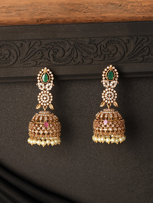Gold Plated Green Zircon Studded Pearl Beaded Dangler Earrings