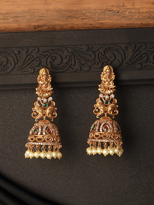 Gold Matt Polish Zircon Studded Lakshmiji Motif Designer Danggling Earring