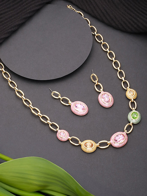 Anti-Tarnish Gold Plated Crystal Studded Link Chain Necklace jewellery Set