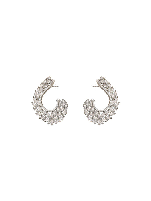 Silver Toned Zircon Studded Handcrafted Feather Shaped C Hoop Earrings