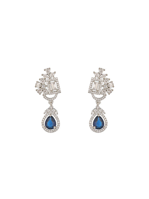 Silver Toned Blue AD Studded Luxe Quirky Drop Earrings