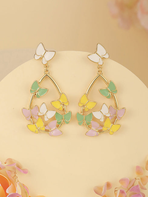 Anti-Tarnish Gold Plated Enamelled Butterfly Statement Luxe Drop Earrings