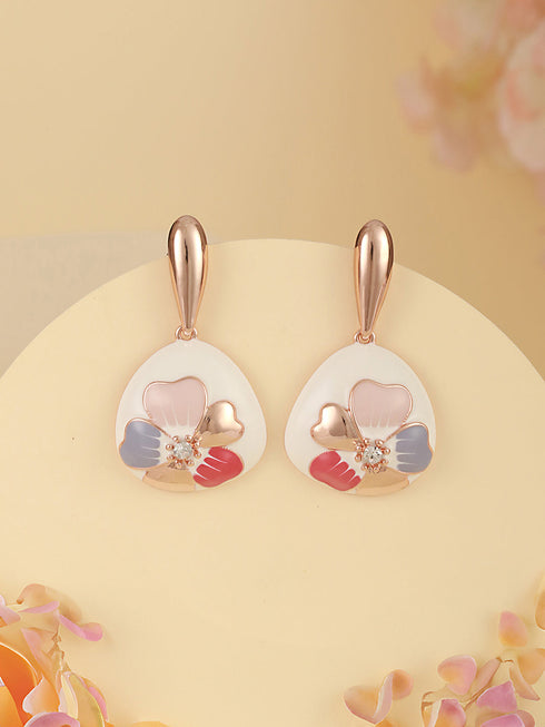 Anti-Tarnish 18k Gold Plated Off White Enamelled Floral Statement Dangler Earrings