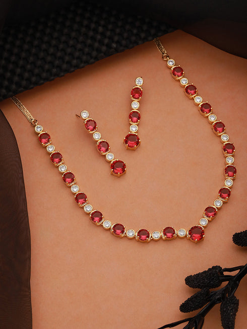 Gold Toned Red Ruby Minimal Necklace jewellery Set