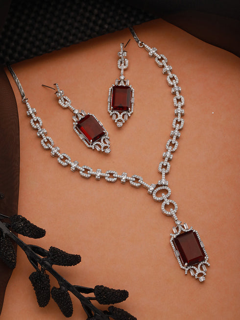 Silver Toned CZ Studded Red Ruby Designer Necklace Jewellery Set