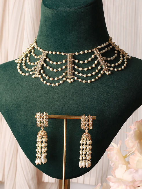 Gold Toned Pearl Beaded Minimal Choker Jewellery Set