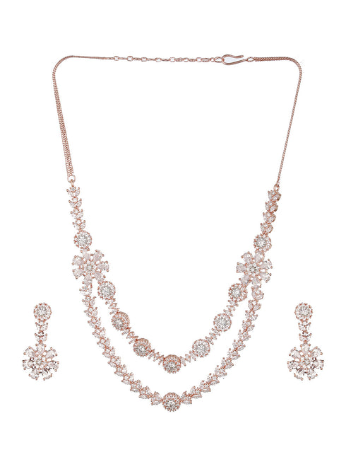 Silver Toned CZ Studded 2 line Floral Jewellery Set