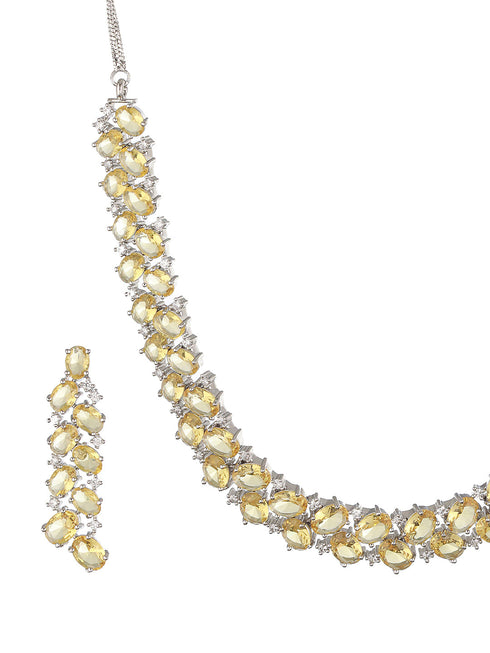 Silver Toned Yellow AD Studded Minimal Designer Jewellery Set