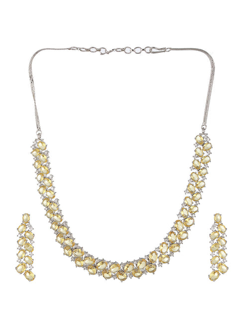 Silver Toned Yellow AD Studded Minimal Designer Jewellery Set